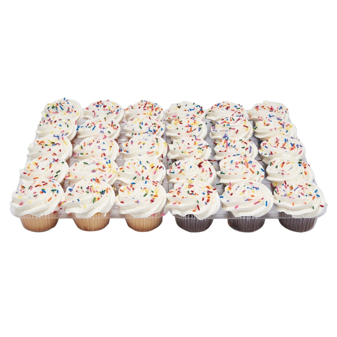 Tray of cupcakes with white frosting and rainbow sprinkles