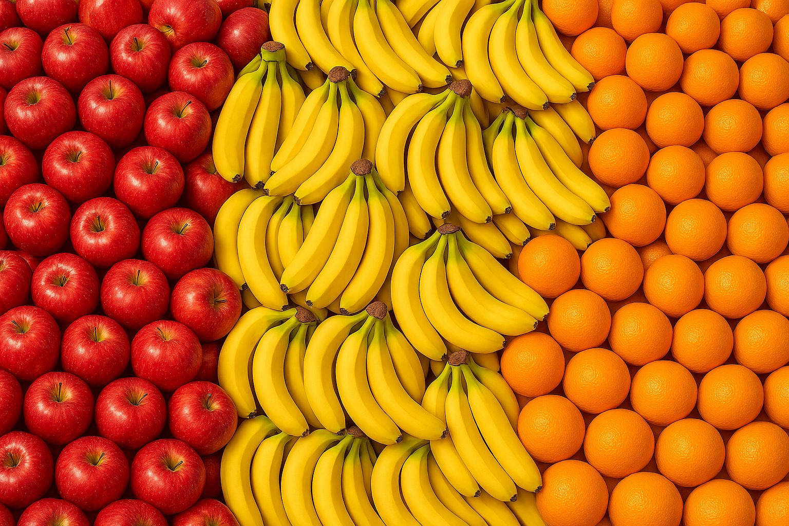 Bulk apples, bananas, and oranges packed in delivery crates