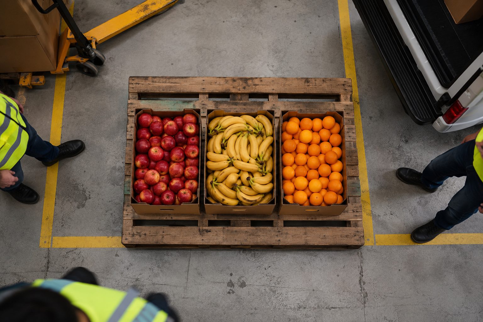 Primed One associates loading pallets of fresh apples, bananas, and oranges onto a delivery van inside a distribution center