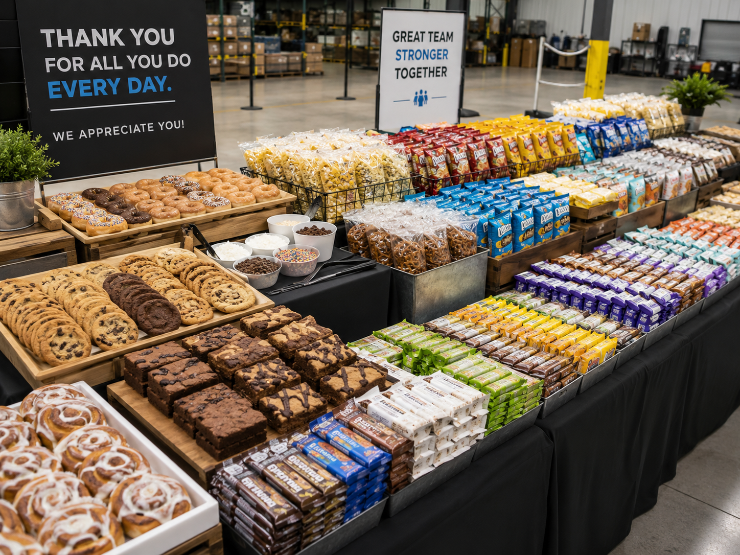 Sweet and savory warehouse appreciation spread with snacks, cookies, donuts, and brownies