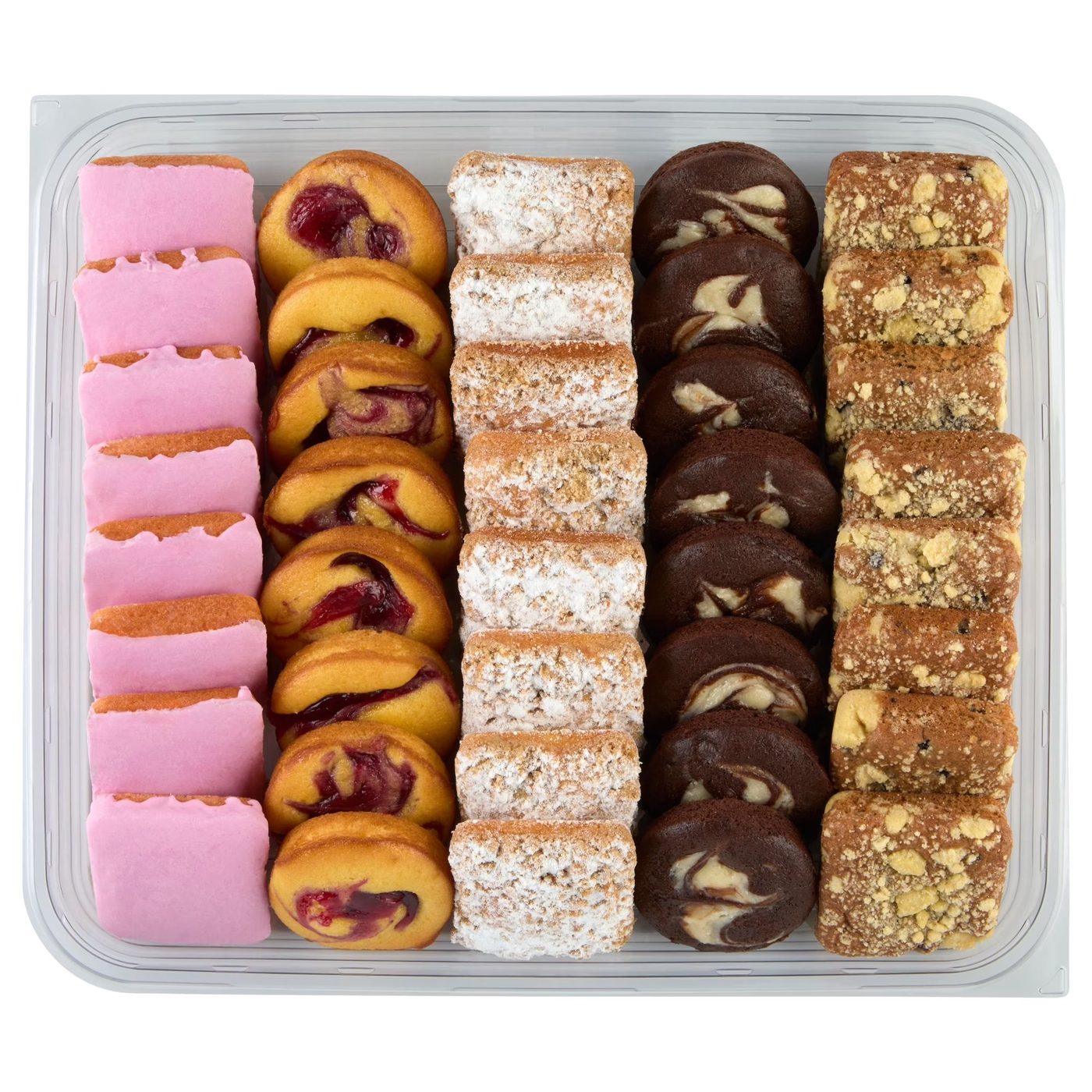 Assorted pastry tray with fruit and powdered sugar pastries