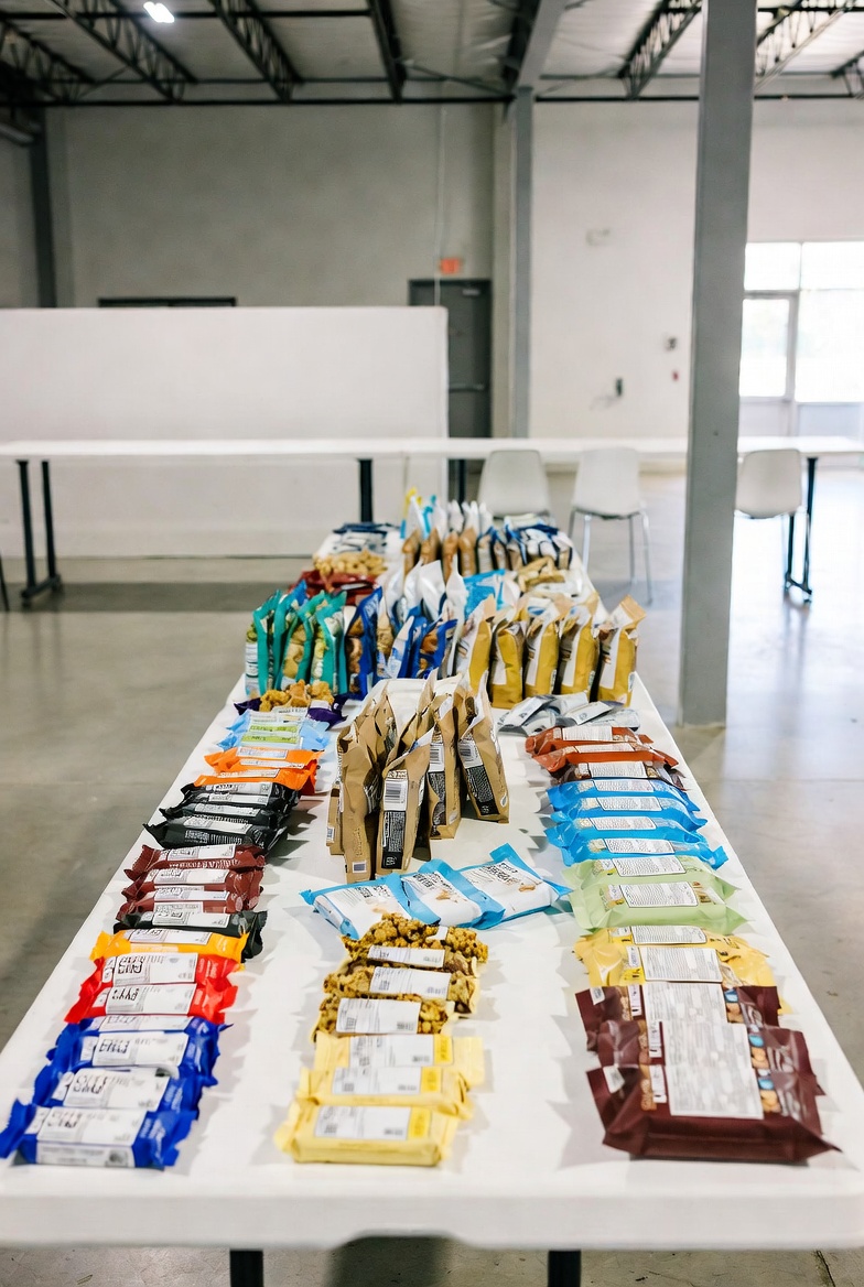 Bulk grab-and-go snack table with bars, chips, and packaged snacks